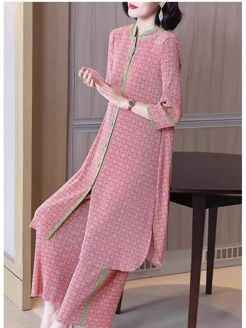 Pink Standing Collar Printed Clash Shirt + Wide Leg Pants Two Piece Set