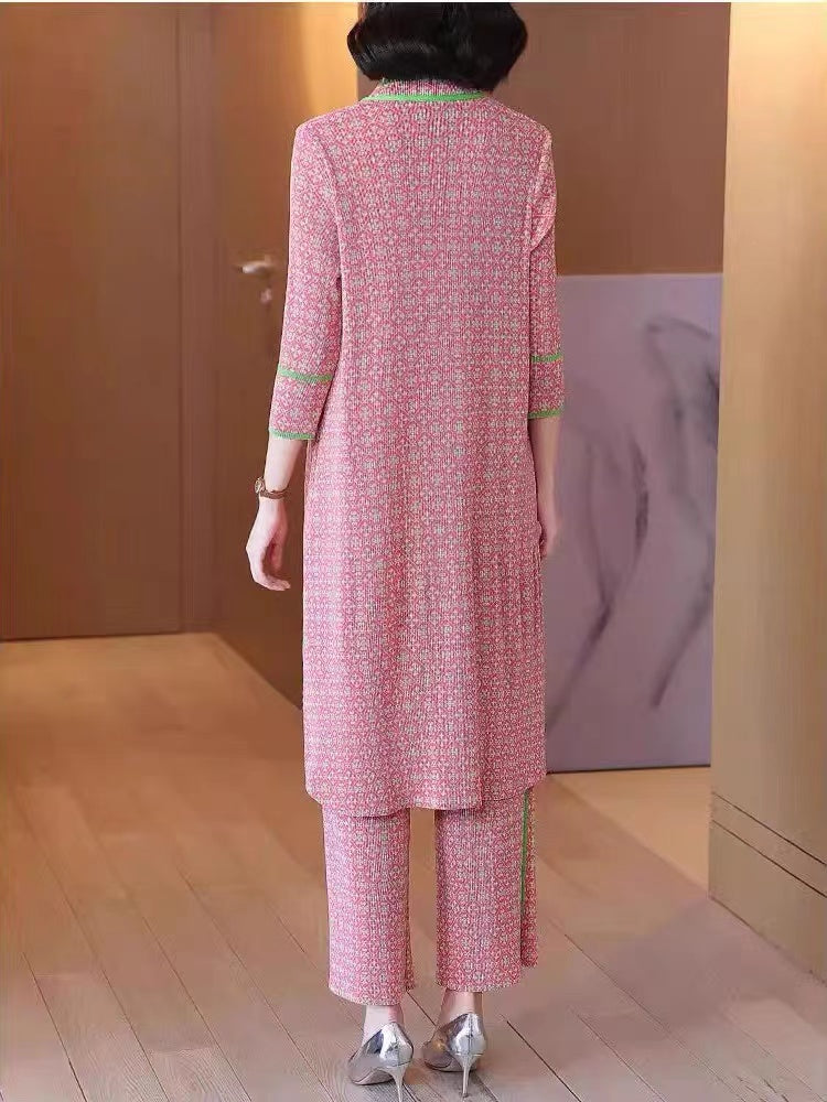 Pink Standing Collar Printed Clash Shirt + Wide Leg Pants Two Piece Set