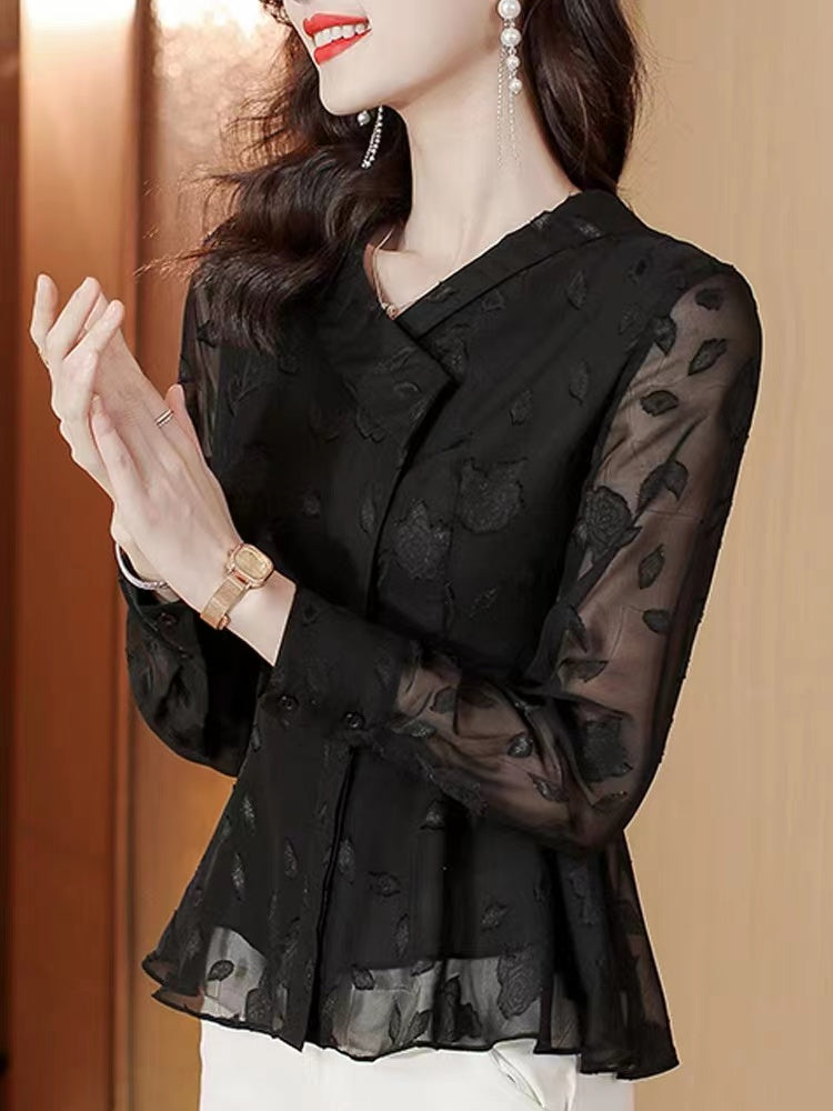 Fashion V-Neck Floral Asymmetric Shirt Top