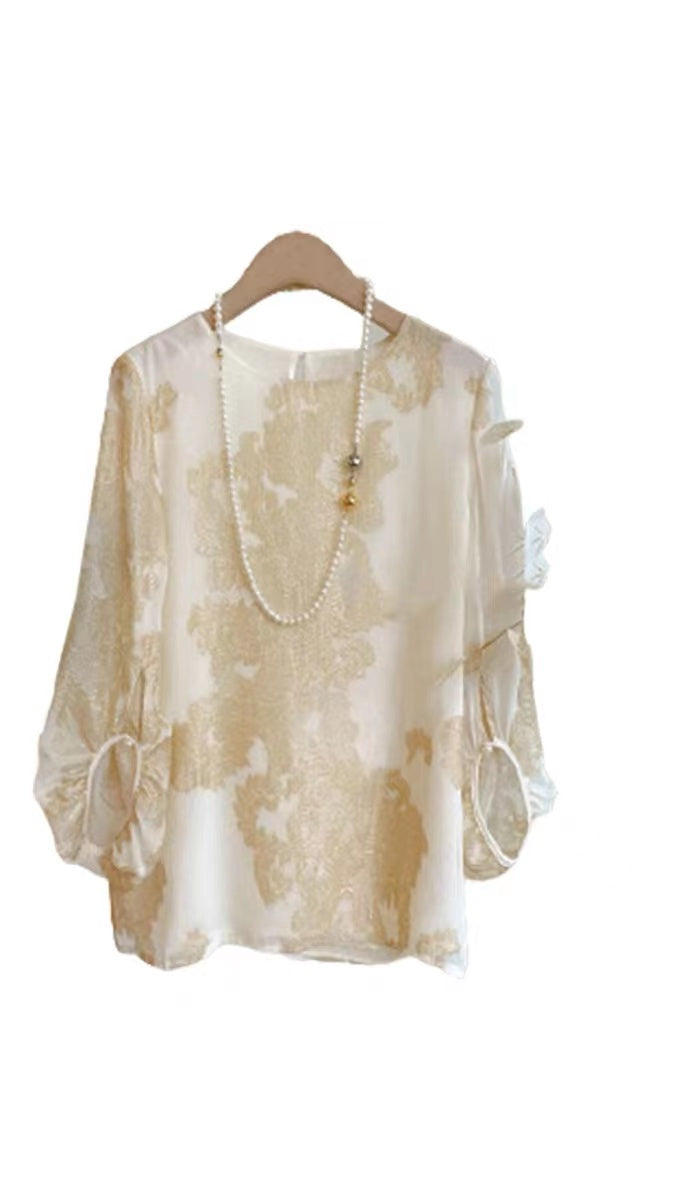 Chic Round Neck Jacquard Patchwork Silk Blouse Lantern Sleeve Top