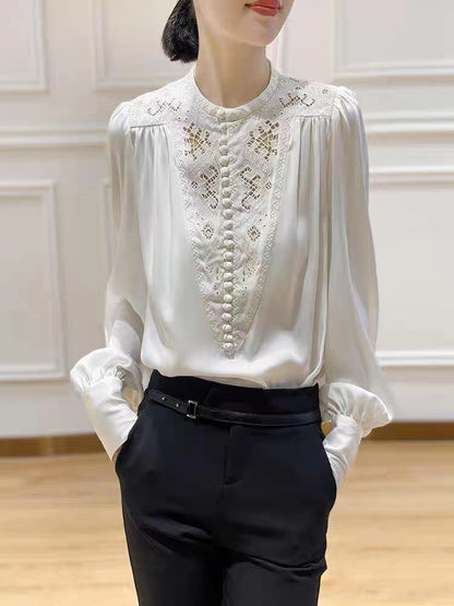 Chic O-Neck Embroidered Floral Pleated Shirt Long Sleeve