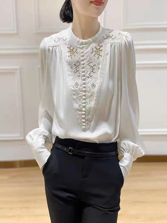 Chic O-Neck Embroidered Floral Pleated Shirt Long Sleeve