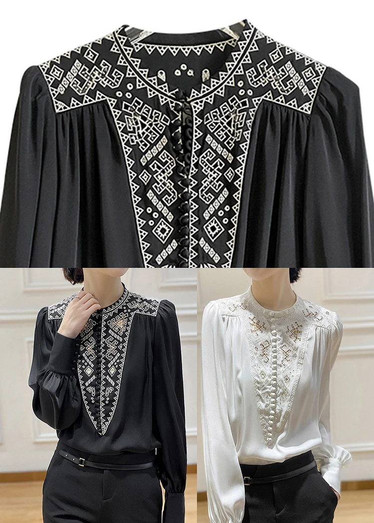 Chic O-Neck Embroidered Floral Pleated Shirt Long Sleeve