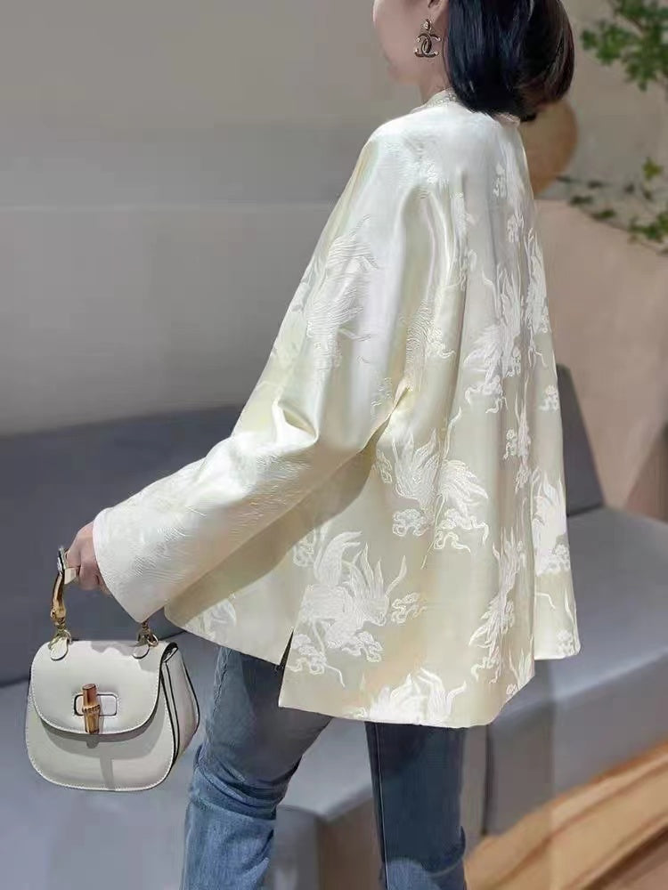 Chinese Style Jacquard Chinese Button Tie Silk Blouse Top