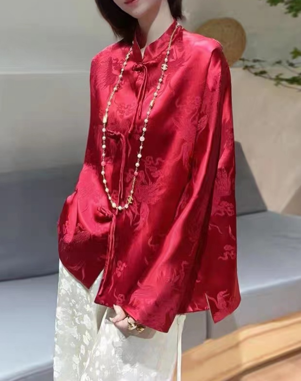 Chinese Style Jacquard Chinese Button Tie Silk Blouse Top