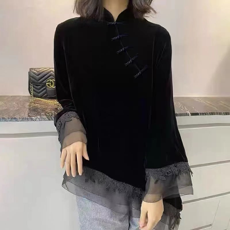 Asymmetric Collar Embroidered Velvet Shirt Black