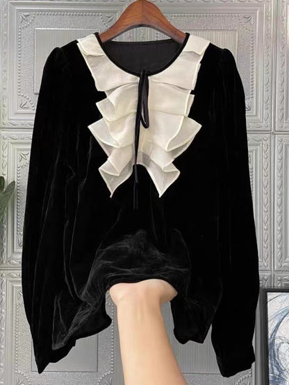 Loose Ruffle Tie Patchwork Velvet Long Sleeve Top