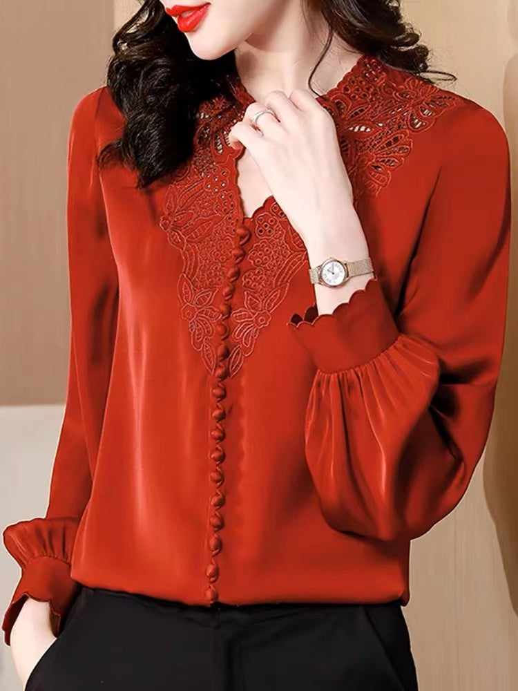 Hollow Embroidery Button Down Long Sleeve Shirt