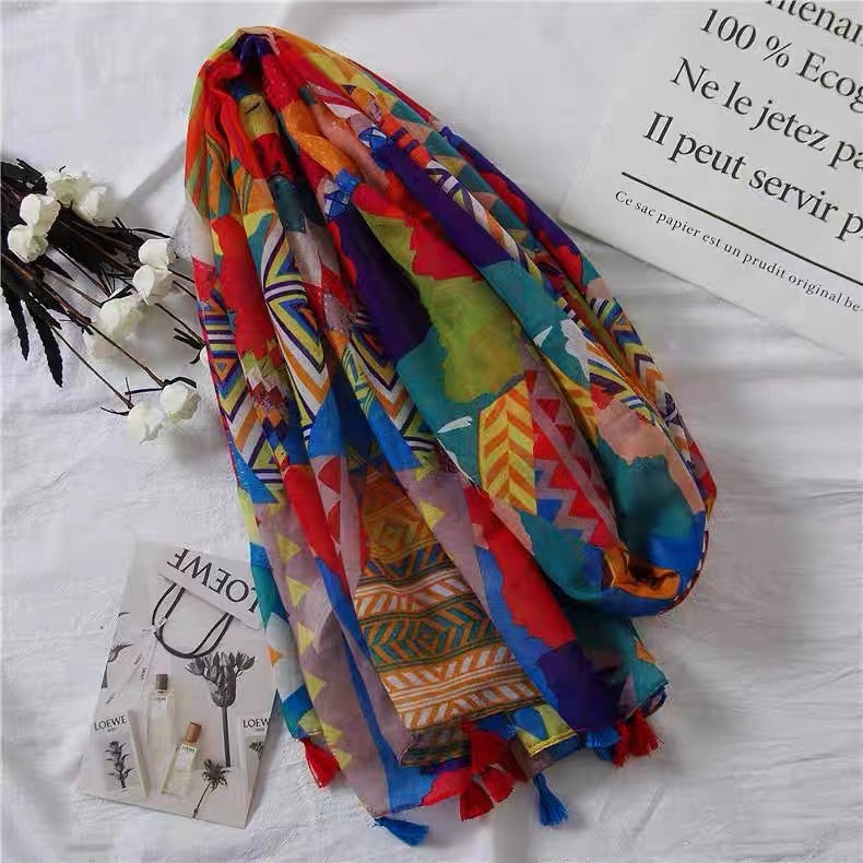 Women's Sun Protection Printed Tassel Colourful Scarf