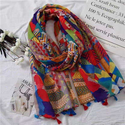 Women's Sun Protection Printed Tassel Colourful Scarf