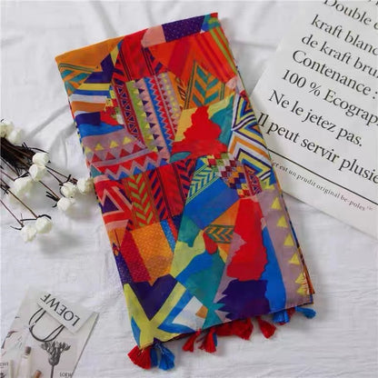 Women's Sun Protection Printed Tassel Colourful Scarf