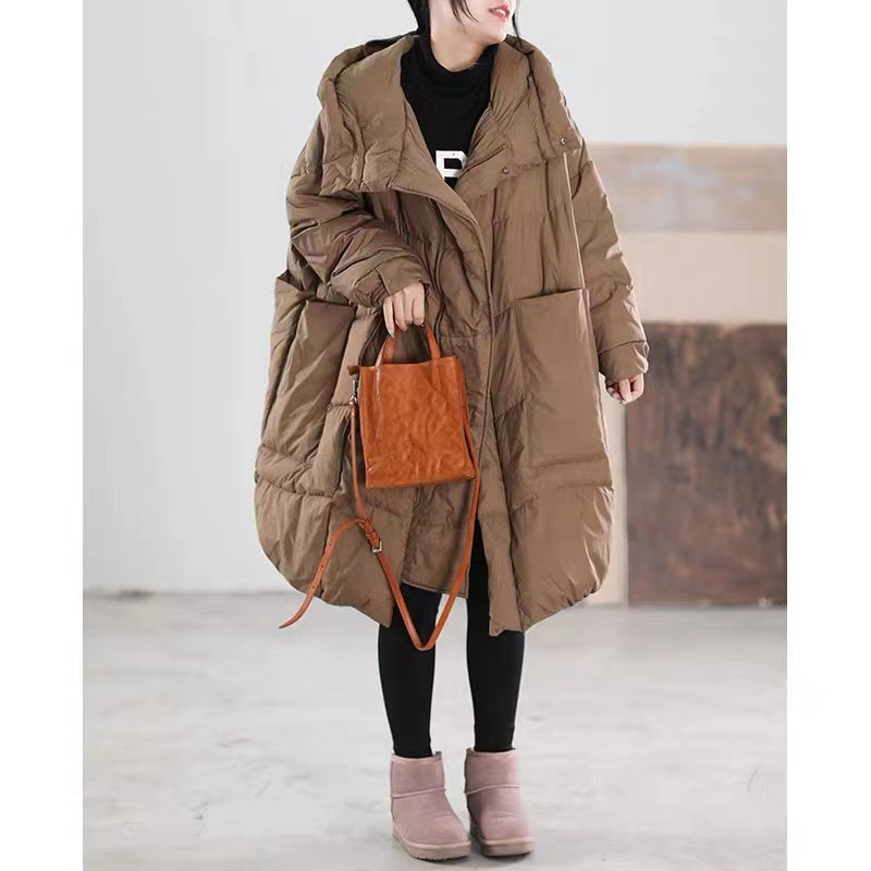 Loose Hooded Big Pocket Patchwork Duck Down Coat Winter