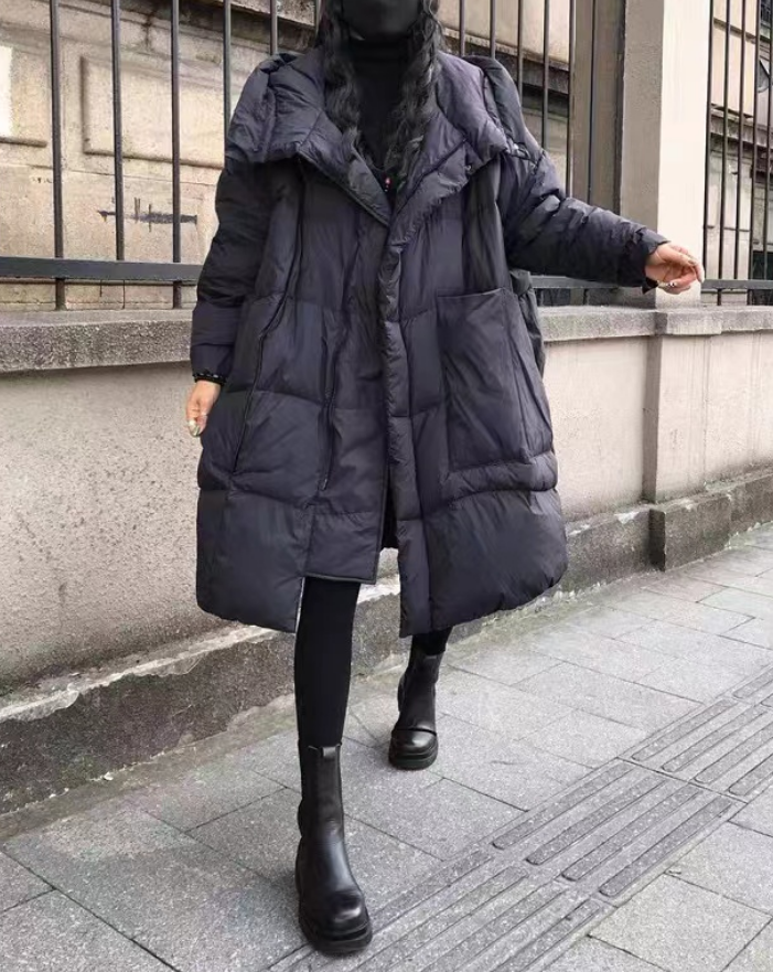 Loose Hooded Big Pocket Patchwork Duck Down Coat Winter