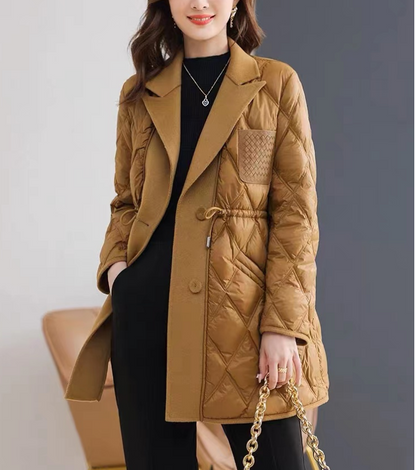 French Camel Pocket Drawstring Patchwork Midi Long Coat Winter