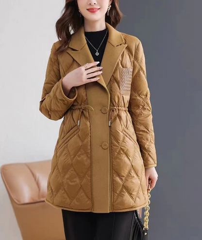 French Camel Pocket Drawstring Patchwork Midi Long Coat Winter