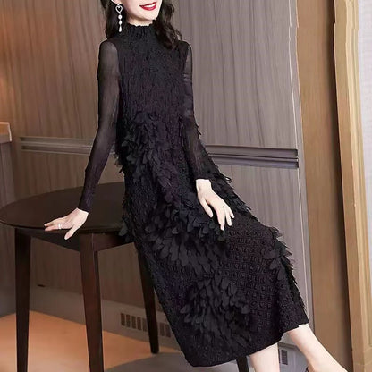 French Feather Stand Collar Long Sleeve Midi Dress