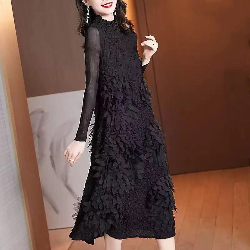 French Feather Stand Collar Long Sleeve Midi Dress