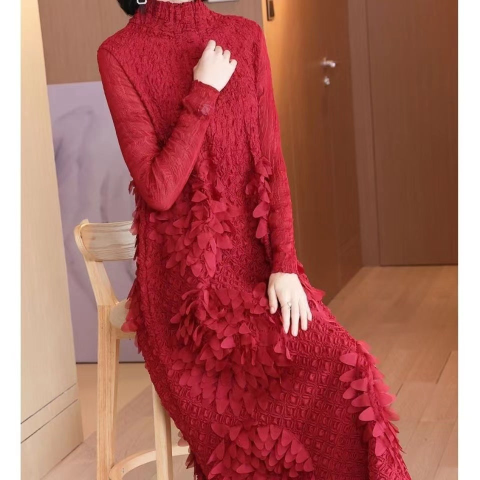 French Feather Stand Collar Long Sleeve Midi Dress