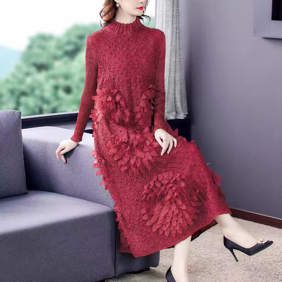 French Feather Stand Collar Long Sleeve Midi Dress