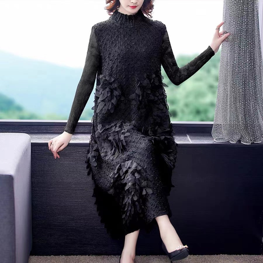 French Feather Stand Collar Long Sleeve Midi Dress