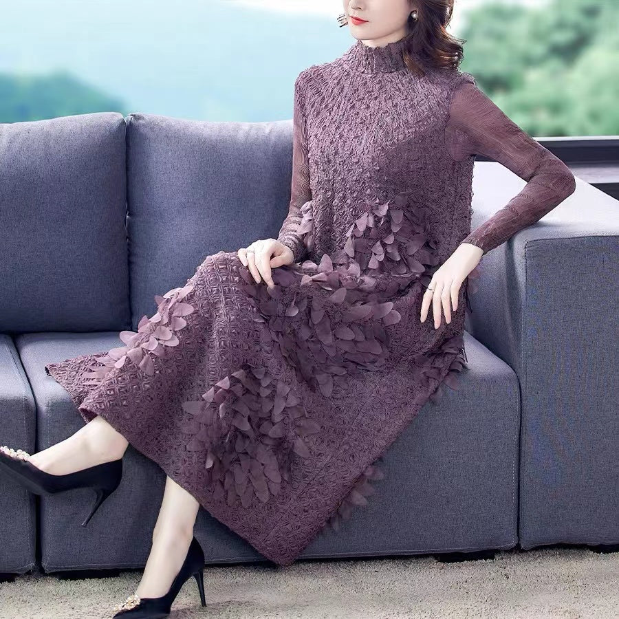 French Feather Stand Collar Long Sleeve Midi Dress