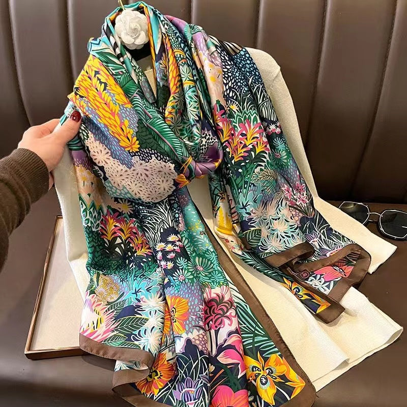 Floral Print Faux Silk Shawl & Scarf