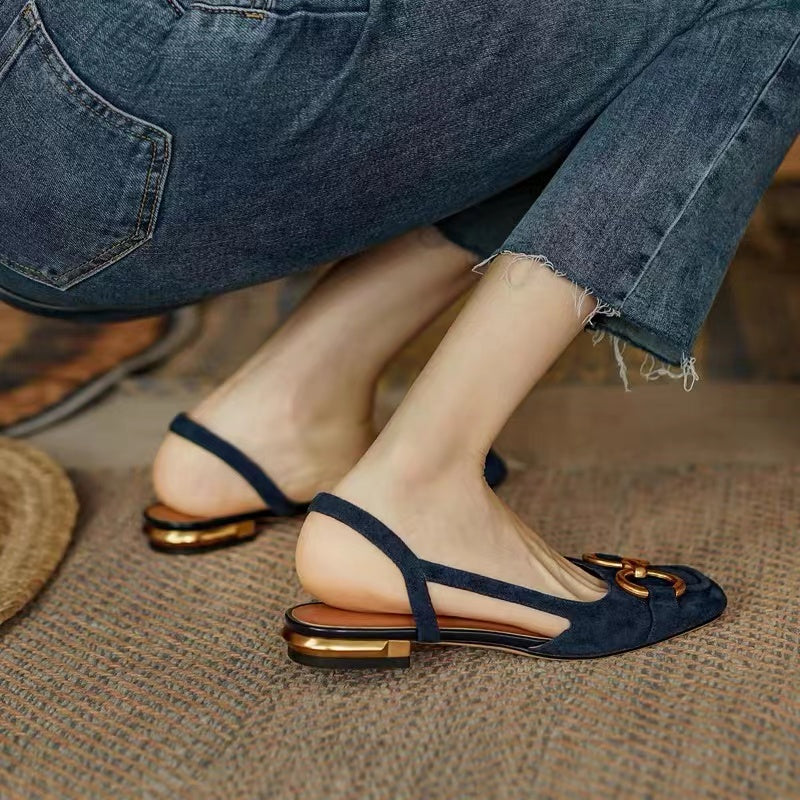 Square Toe Flat Sandals Metal Buckle Shoes Low Heeled Single Shoes