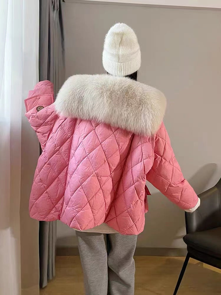 Loose Fur Collar Oversized Duck Down Patchwork Down Jacket Winter