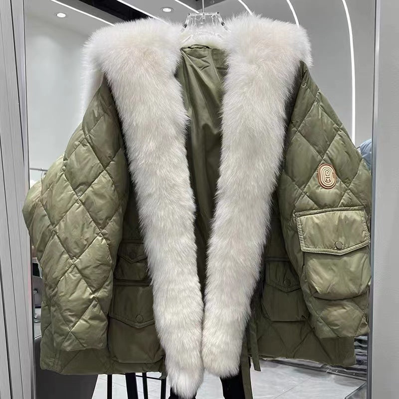 Loose Fur Collar Oversized Duck Down Patchwork Down Jacket Winter