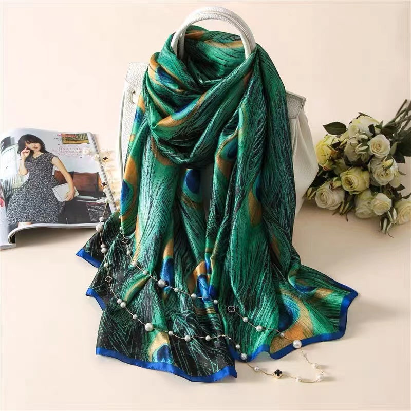 Fashion Peacock Print Faux Silk Sun Screen Thin Shawl & Scarf