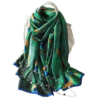 Fashion Peacock Print Faux Silk Sun Screen Thin Shawl & Scarf