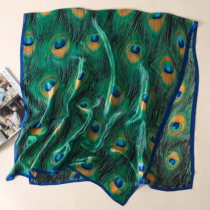 Fashion Peacock Print Faux Silk Sun Screen Thin Shawl & Scarf