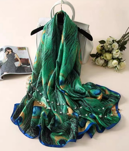 Fashion Peacock Print Faux Silk Sun Screen Thin Shawl & Scarf