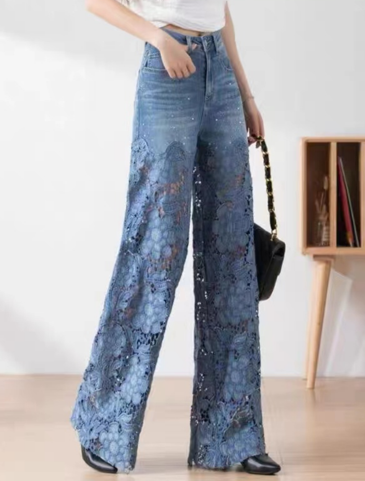 Blue Lace Splicing Hollow Out High Waist Peplum Wide Leg Jeans