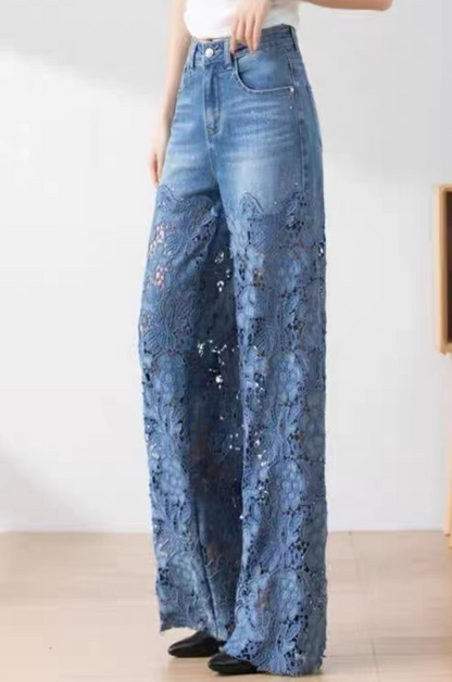 Blue Lace Splicing Hollow Out High Waist Peplum Wide Leg Jeans