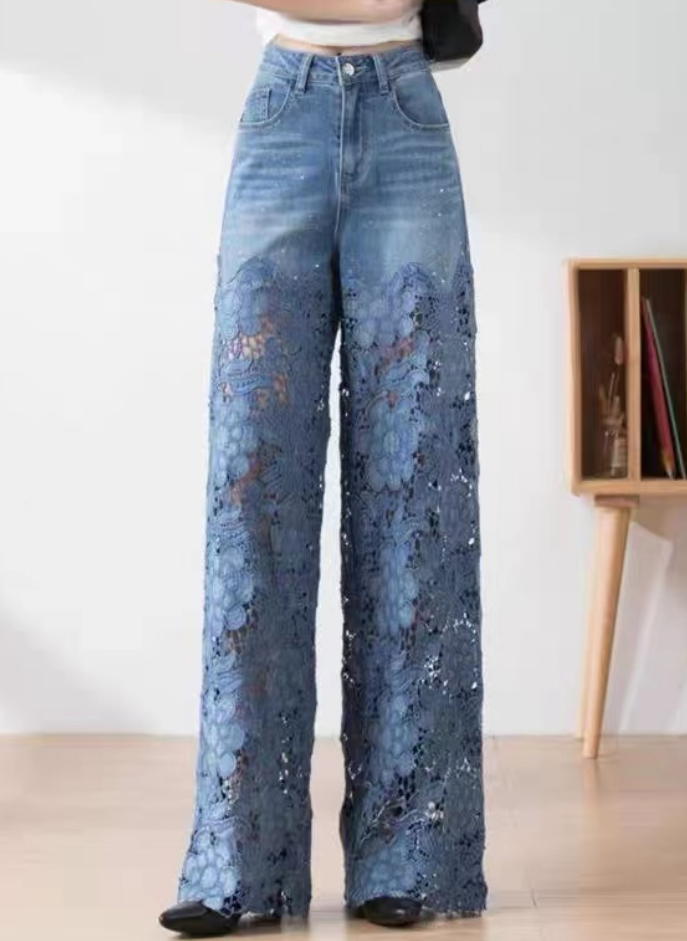 Blue Lace Splicing Hollow Out High Waist Peplum Wide Leg Jeans