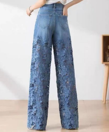 Blue Lace Splicing Hollow Out High Waist Peplum Wide Leg Jeans