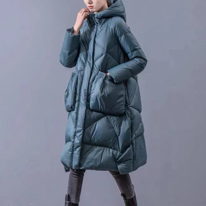 Hooded Zipper Oversized Pockets Thick Duck Long Down Down Jacket Winter