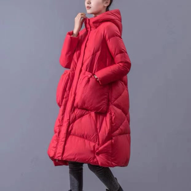 Hooded Zipper Oversized Pockets Thick Duck Long Down Down Jacket Winter