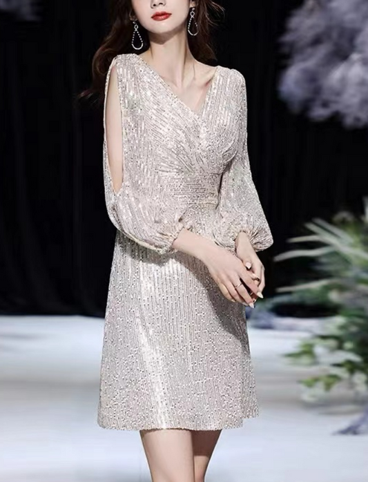 Loose Sexy Sequins V-Neck Long Sleeve Party Dress