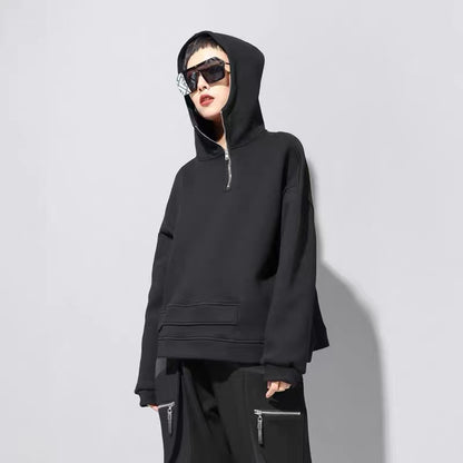 Personalized Hooded Black Asymmetric Zipper Sweatshirt Top