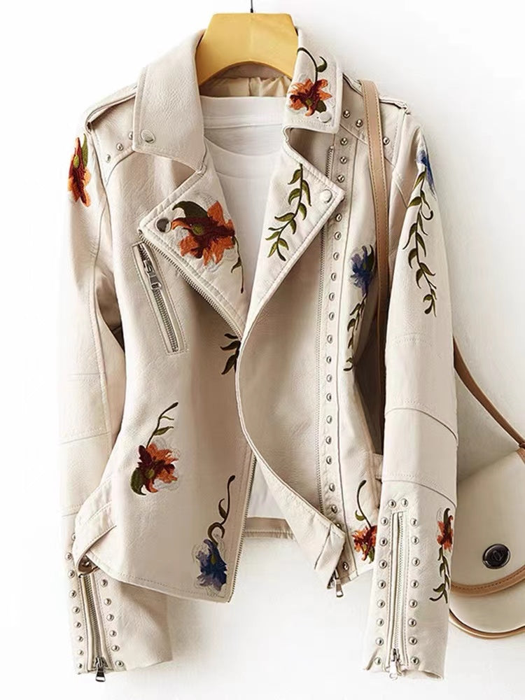 Loose Floral Print Embroidered Asymmetrical Zipper Jacket