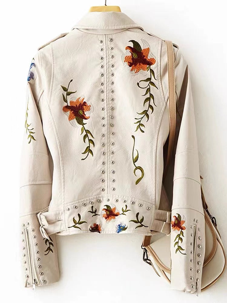 Loose Floral Print Embroidered Asymmetrical Zipper Jacket