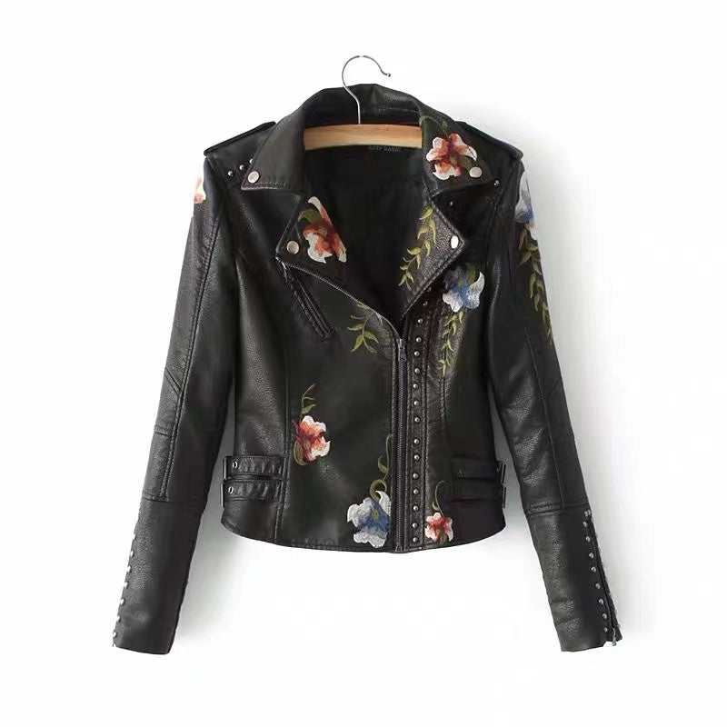 Loose Floral Print Embroidered Asymmetrical Zipper Jacket