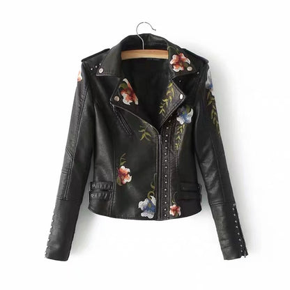 Loose Floral Print Embroidered Asymmetrical Zipper Jacket