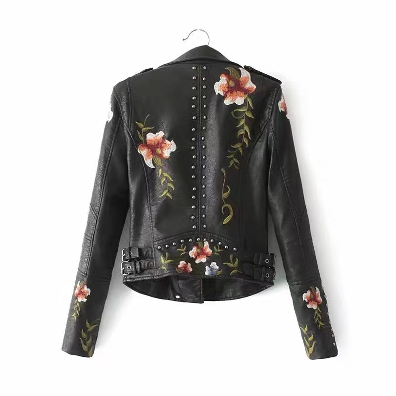 Loose Floral Print Embroidered Asymmetrical Zipper Jacket