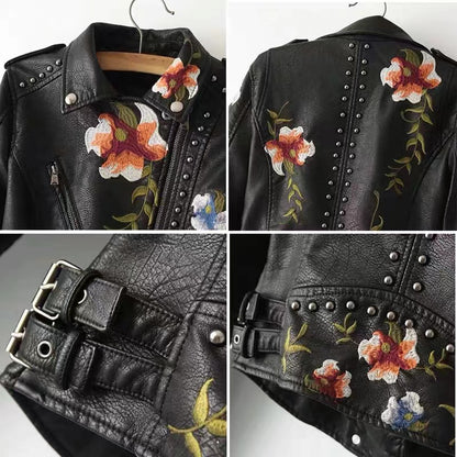 Loose Floral Print Embroidered Asymmetrical Zipper Jacket