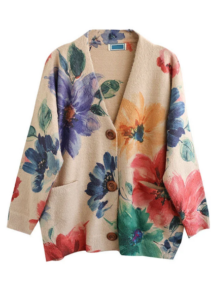 Loose V-Neck Printed Knit Button Cardigan Sweater Jacket