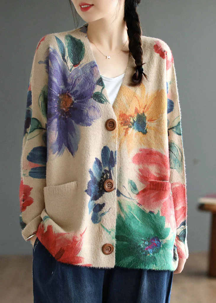 Loose V-Neck Printed Knit Button Cardigan Sweater Jacket