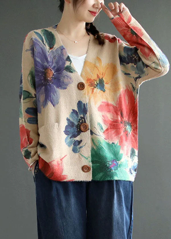 Loose V-Neck Printed Knit Button Cardigan Sweater Jacket